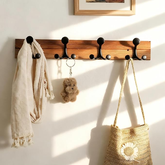 SKOLOO 24-Inch Wood Coat Rack Wall Mount with 4 Triple Hooks - Ideal for Family Entrances, Classrooms, and Pet Supplies Storage - Perfect Coat Hooks for Wall,Charred Golden Brown, Pack of 2