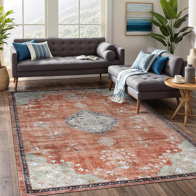 Beverly Rug Non Slip Rugs 4x6 Boho Medallion Floral Non Skid Rubber Backing Easy Silk Soft Area Rug for Living Room Easy to Clean Non Shedding Kitchen Bedroom Indoor Carpet (4 x 6 Orange - Cream)