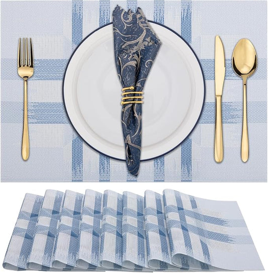Winknowl Placemats Set of 8, Heat Resistant Stain Resistant Woven Vinyl Insulation Place mats, Durable Washable Elegant Table Mats for Kitchen Dining Table Decor (Geometric Blue)