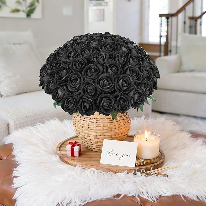 50 PCS Black Roses Artificial Flowers, Fake Roses with Stem Realistic Silk Roses for DIY Wedding Bouquets Table Centerpieces Arrangements Baby Shower Birthday Home Decor Valentine's Day Gift for Her