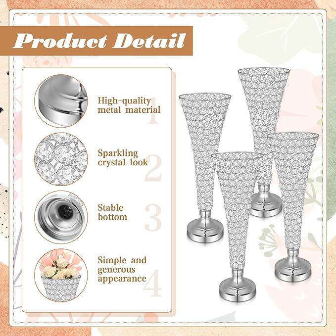 Rtteri 4 Pcs 20 Inch Tall Crystal Vase for Centerpieces Wedding Christmas Metal Crystal Trumpet Flower Vase Stand for Holiday Table Floor Wedding Banquet Celebration, Classic Elegance(Silver)