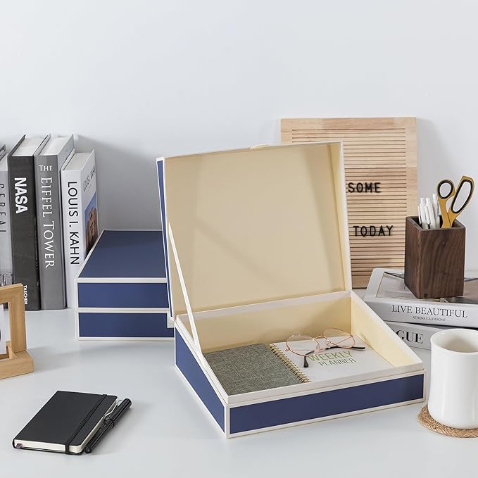 Soul & Lane Decorative Cardboard Storage Boxes with Lids - Set of 2, Memory Boxes for Keepsakes, Home Office Photo Storage for Pictures, Photo Albums, Documents, Stationery, Heritage Blue