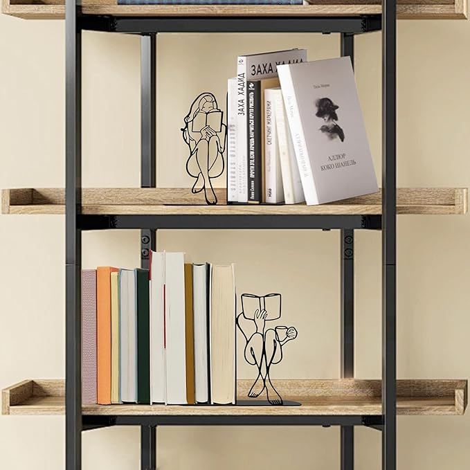 Reading Bookends Decorative for Shelves - Girl Reading Statue Bookends, Metal Black Book Ends Decor for Heavy Books, Novelty Bookish Decor for Home Library, Book Lovers Gift for Women & Students