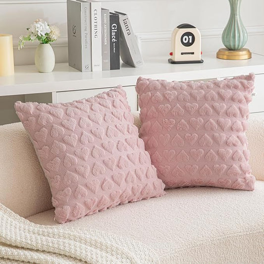 AQOTHES Set of 2 Heart Love Cute Dark Pink Decorative Valentines Throw Pillow Covers 20x20, Soft Plush Faux Fur Pillow Covers for Couch Sofa Home Valentines Day Decoration