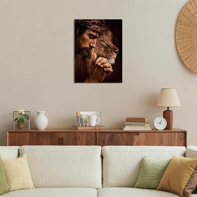 Framed Christian Jesus Canvas Wall Art, Lion of Judah Pictures Wall Decor, Biblical Paintings Prints Religious Home Decor for Living Room Bedroom Church Prayer Room 16x24 inch