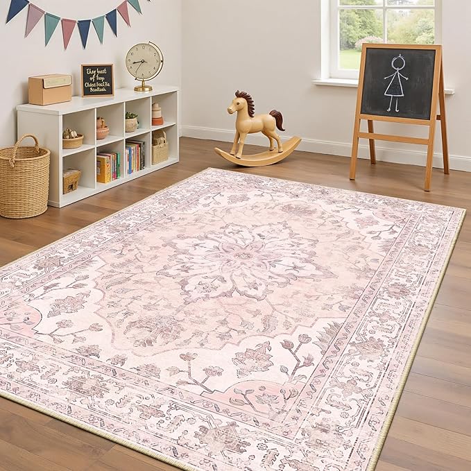 RELEANY Area Rugs 4'x6' Washable Non-Slip, Floral Vintage Distress Print Pattern Medallion Carpet for Living Room Bedroom Dining Room, Pink Greypink Cute