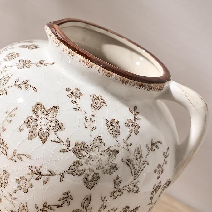 5.39 Inch Vintage Brown Chinoiserie Floral Vase, Antique Rustic Ceramic Vase for Home Decor, Living Room, Bookshelf, Office, Entryway, Garden, Chinoiserie Decor, Tuscan Decor