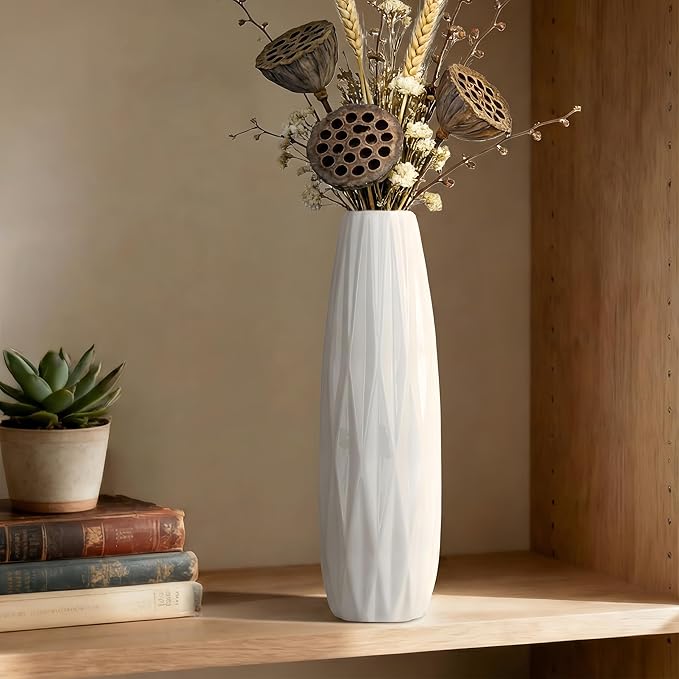 12 Inch White Vase Ceramic Flower Vase, Tall Vases for Pampas Grass, Home Decor, Modern Textured Vases for Living Room Decorations,Table Centerpieces,Shelf,Farmhouse Small Ceramic Vase