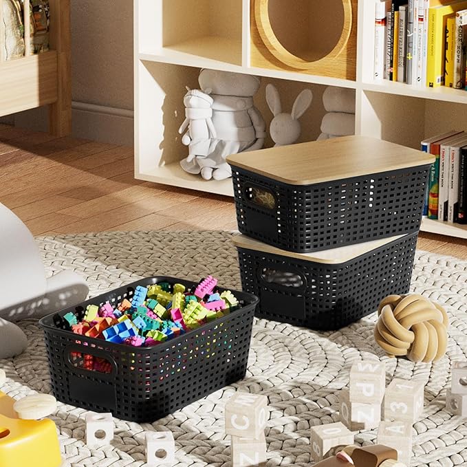 Plastic Storage Bins with Bamboo Lid - Stackable Pantry Storage Organizer with Lid - Storage Basket with Lable for Organizing: Small Storage Box for Shelves Cabinet Office Drawer Desktop 10x7x4in 6Pcs