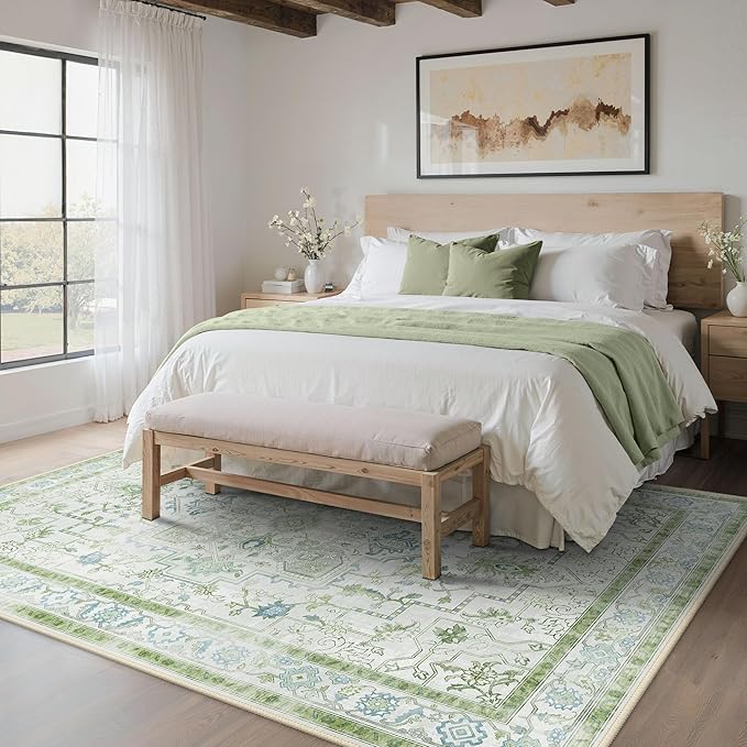 BESBLEE 5x7 Area Rugs for Living Room, Machine Washable Rug, Non Slip Vintage Rugs, Low Pile Lightweight Print Rug for Bedroom, Dining Room, Home Office, Cream Green
