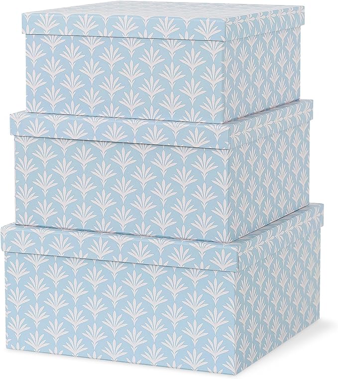 Soul & Lane Set of 3 Decorative Boxes with Lids, Square 11" x 11" Nesting Cardboard Storage for Home Décor in Blue, Keepsake and Memory Boxes for Organizing, Deco Sky