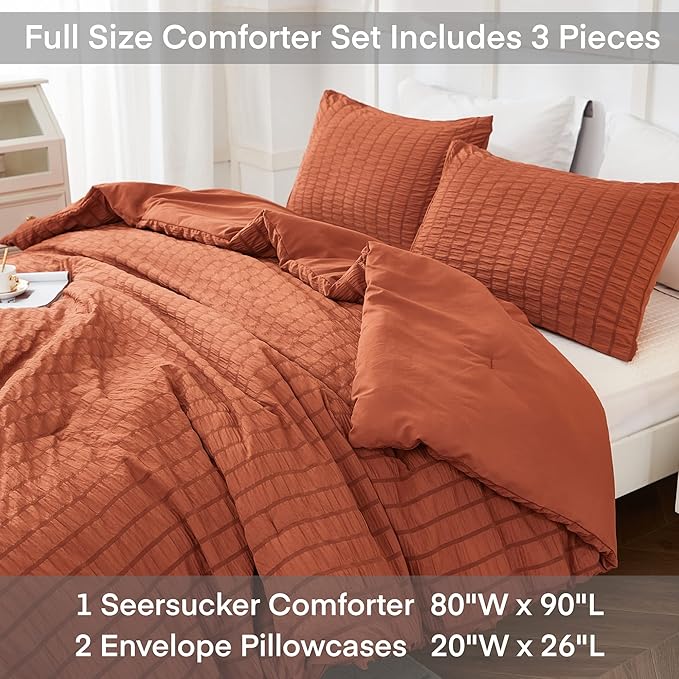 AveLom Terracotta Seersucker Comforter Set - Full Size, 80x90 Inches, 3 Pieces, Machine Washable