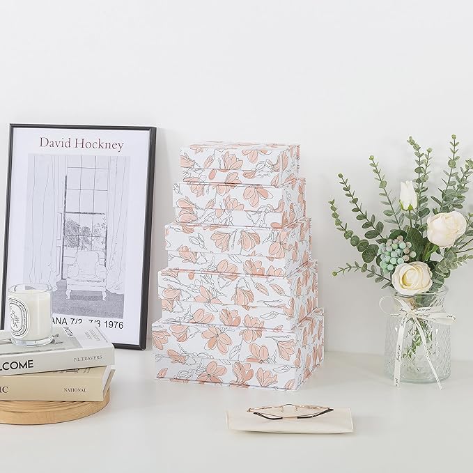 Soul & Lane Decorative Cardboard Storage Boxes with Lids - Set of 5, Floral Nesting Keepsake and Memory Boxes, Organizers with Magnetic Closure for Home Décor and Gifts, Canvas Bloom