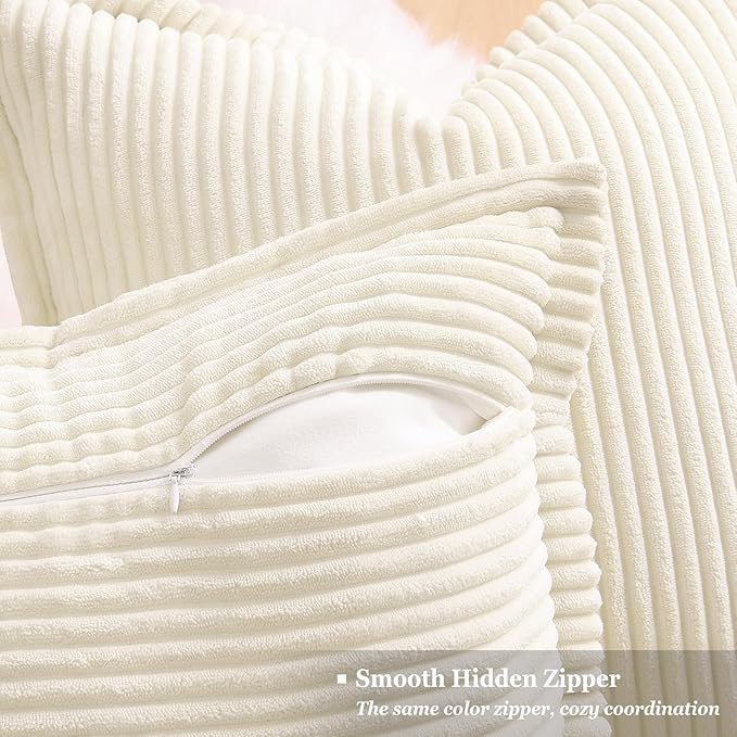 decorUhome Spring Corduroy Cream White Throw Pillow Covers 20x20 Set of 2 Decorative Soft Boho Farmhouse Couch Pillow Covers for Living Room Bed Sofa Broadside Striped Pillow Cases