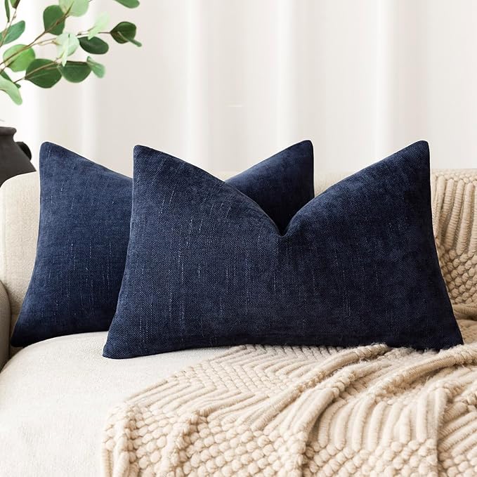 Foindtower Pack of 2 Soft Textured Throw Decorative Pillow Covers Lumbar Accent Solid Cushion Cover Cozy Farmhouse Pillow Case with Zipper for Couch Sofa Bedroom Living Room 12x20 Inch, Navy
