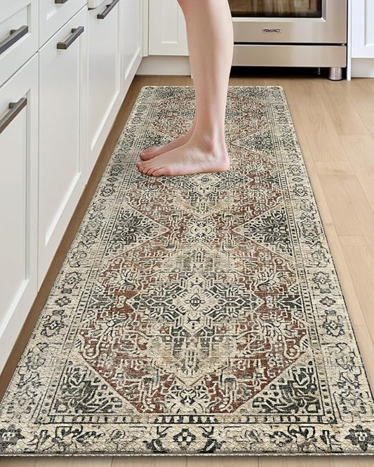 DEXI Kitchen Mats for Floor Cushioned, 23x86 Extra Large Long Runner Rug Non Slip, Waterproof Soft Comfort Standing Padded Anti Fatigue Decorative Cream Red