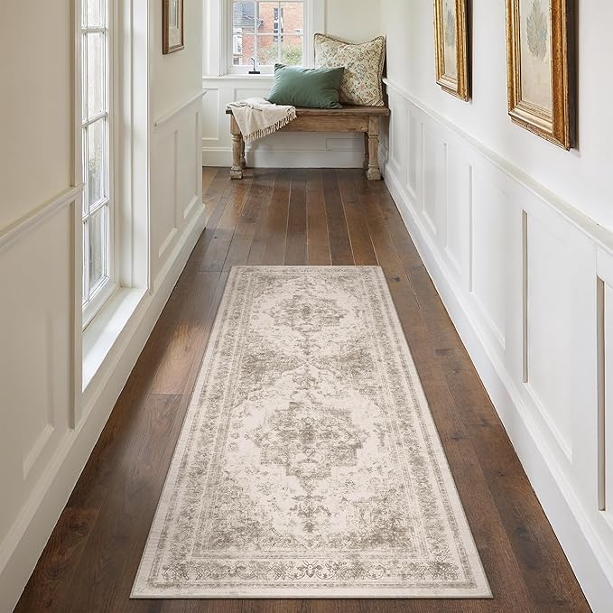 PureCozy Runner Rug 2x5 Beige Hallway Washable Carpet Non Slip Vintage Medallion Carpet Low Pile Soft Distressed Retro Indoor Long Rug for Entryway Kitchen Bathroom Laundry Bedroom