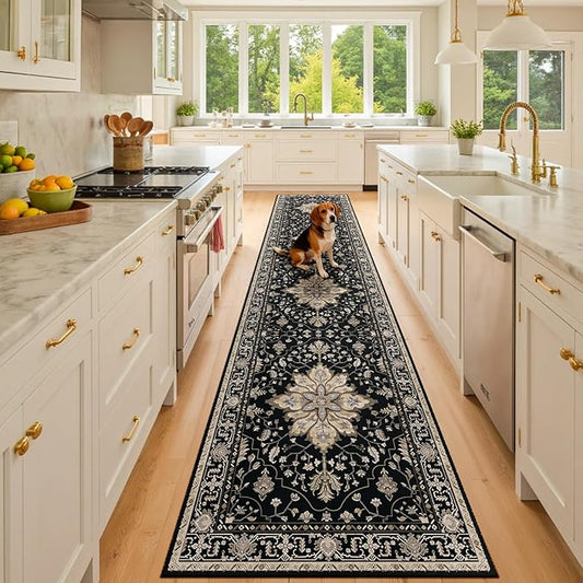 RELEANY Area Rugs 2'x10' Washable Non-Slip, Floral Vintage Distress Print Pattern Medallion Carpet for Living Room Bedroom Dining Room, Black Brown Neutral Dark Tan