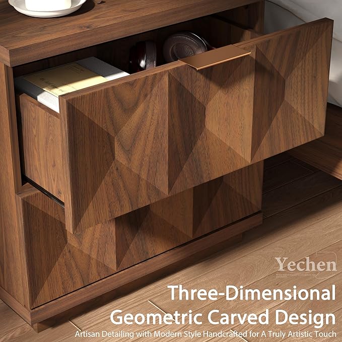 Yechen 23.6" Walnut Nightstand with 20W Faster Charging Station, Modern Bedside Table with 3D Geometric Drawers Front Panel, Wood 2 Drawer Night Stand with Storage, Accent End Table for Bedroom