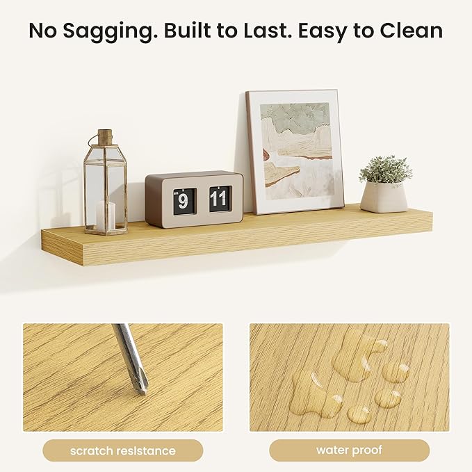 Fun Memories Rustic Wood Floating Shelves for Wall, Space-Saving Wall Mounted Shelves for Bathroom, Bedroom, Living Room and Kitchen, Stylish Storage & Display (Set of 2, Oak, 32 in)