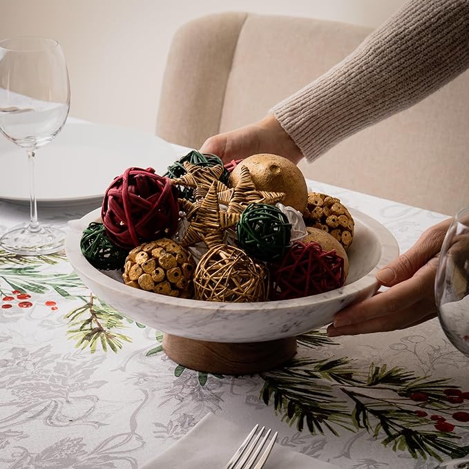 Cork & Mill Marble Decorative Bowl for Home Decor - Handcrafted Natural Stone with Acacia Wood Pedestal - Versatile 11" Catch All for Entryway, Kitchen Fruit Bowl, Potpourri, Dining Table Centerpiece