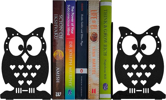 Metal Bookends, Owl Design, Black, 1 Pair, 6 Inch Tall