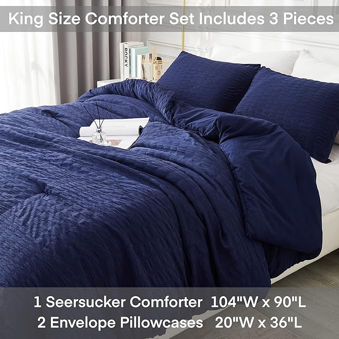 AveLom Seersucker King Comforter Set (104x90 inches), 3 Pieces - 100% Soft Washed Microfiber Lightweight Comforter with 2 Pillowcases, All Season Down Alternative Comforter Set for Bedding, Navy