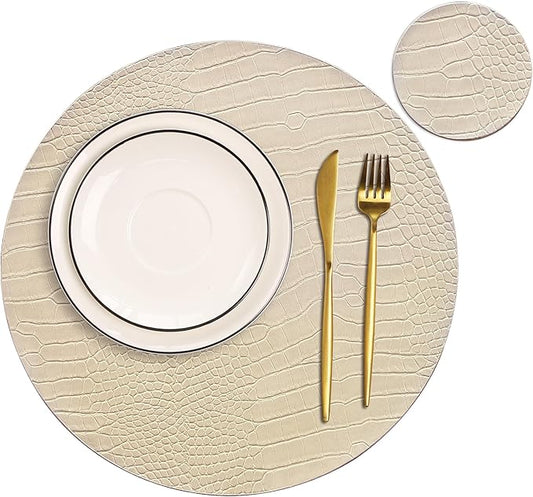 Jovono Round Leather Placemats for Round Tables Set of 4, Beige Place Mats and Coasters, Wipeable Waterproof Heat Resistant Table Mats Easy to Care for Indoor Decor 13 inch Diameter