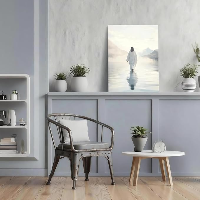 Framed Jesus Walking on Water Wall Art, Christian Canvas Wall Decor Pictures, I Will Walk With Christ Posters Prints Religious Home Decor for Living Room Bedroom Church Prayer Room12x16 inch