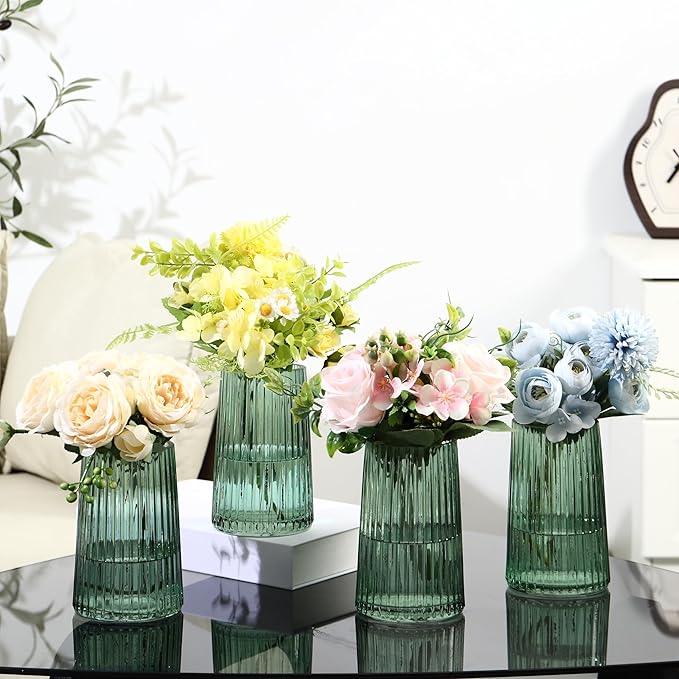 Green Glass Vases Set of 4, Small Vases for Flowers, Flower Vase for Bouquet, Modern Ribbed Glass Vase for Living Room, Bedroom, Dining Table, Office, Wedding, Centerpieces