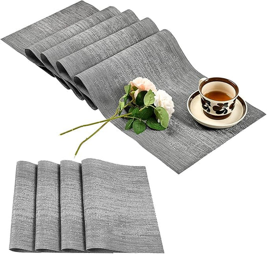 Leetaltree Grey Table Runner and Placemats Set of 5, Heat Resistant Non-Slip Place mats for Dining Table, Washable Durable PVC Vinyl Woven Table Mats Set