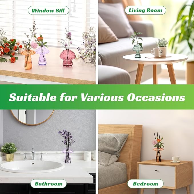 Mushroom Glass Vases for Indoor Plants, Set of 10 Colored Plant Propagation Stations, Cute Mini Terrarium, Unique Small Hydroponic Pots for Flowers, Decor Vase Gifts for Women