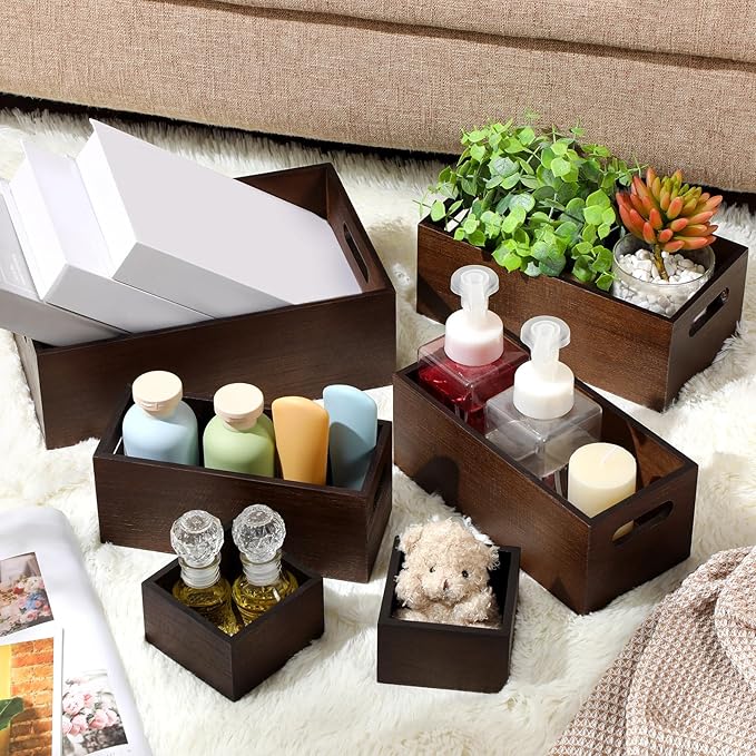 Set of 6 Wood Storage Boxes with Handles Wooden Nesting Crates Rustic Farmhouse Storage Container for DIY Crafts Party Home Table Decoration Display(Brown)