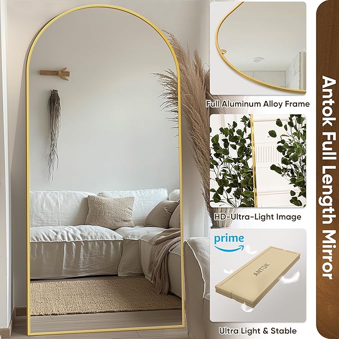Antok Full Length Mirror, 71"x26" Floor Mirror with Stand, Hanging Mounted Mirrors for Bedroom, Living Room, Cloakroom, Dining Room, Gold, Arched