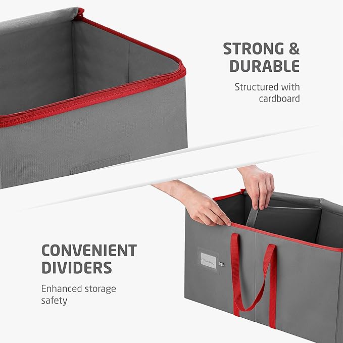 ZOBER Large Christmas Ornament Storage Box - Stores 54 4" Large Ornaments, With Dividers - Ornament Organizer Storage Box, Durable Christmas Containers Holder, Dual Zipper - Gray