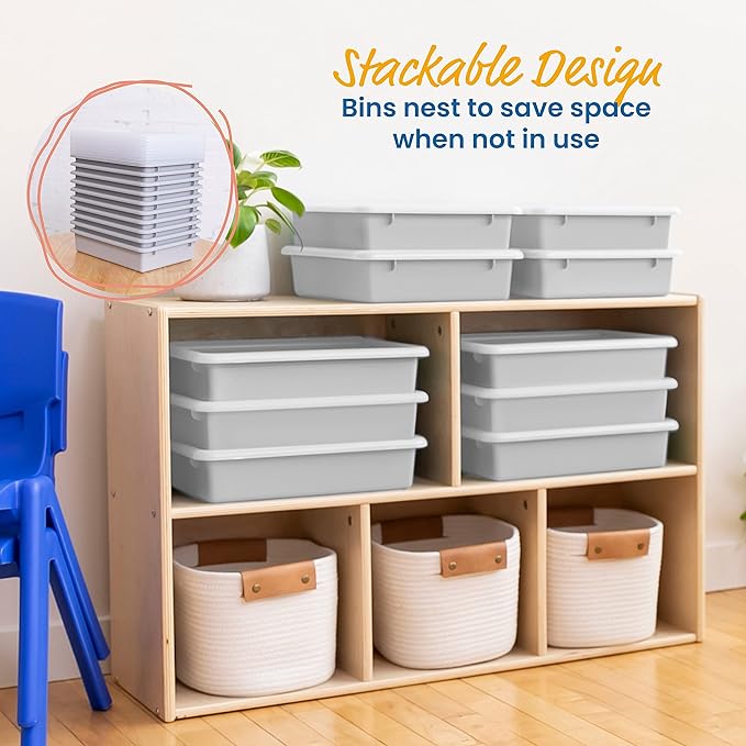 ECR4Kids Letter Size Tray with Lid, Storage Bin, Light Grey, 10-Piece