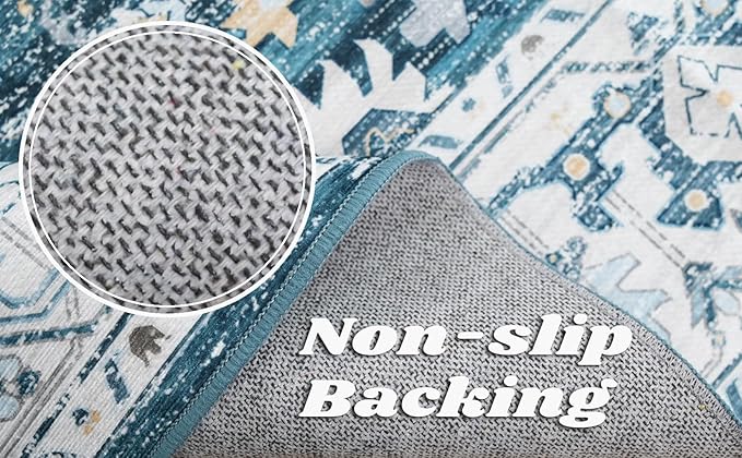 Fortsea 8x10 Area Rugs for Living Room, Machine Washable Non Slip Vintage Retro Rugs, Low Pile Lightweigt Chenille Print Indoor Rug for Bedroom, Dining Room, Home Office (Blue Gold Cream 8X10)…