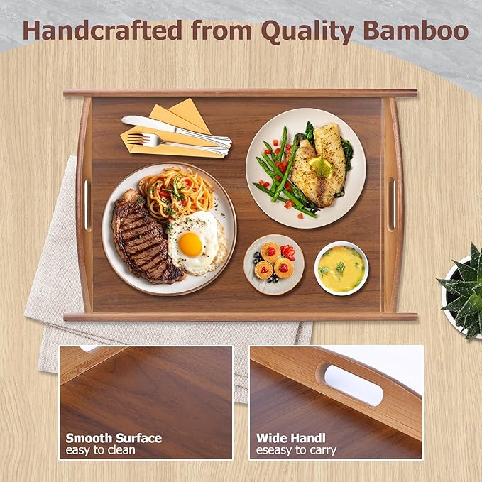 Wood Serving Tray with Handles, Wooden Tray, 20.47 inch Square Decorative Serving Trays Platters for Home, Party, Coffee Table,Dining Table & Countertop