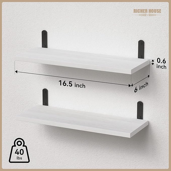 RICHER HOUSE Floating Wall Shelves, Rustic Wood Bathroom Shelves Set of 2, Farmhouse Style Shelf for Décor, Hanging Bedroom, Storage, Kitchen, Living Room - White