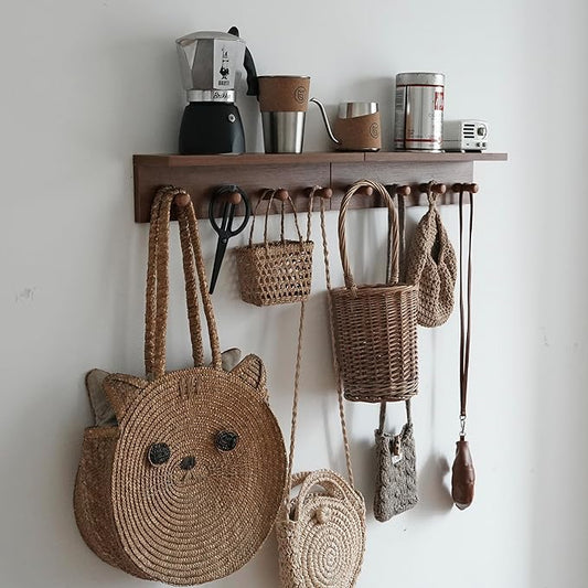 Entrance Coat Rack ，Coat Hooks, Wall-Mounted Wooden Hook Rack, Wall-Mounted Shelves are Very Suitable (Teak Color Finish—A-2)