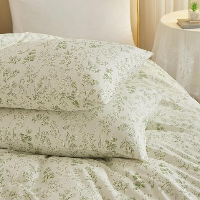 Vintage Boho Floral Duvet Cover Full Size White Green Floral Print Bedding Set Cotton Botanical Floral Comforter Cover Garden Flowers Aesthetic Bedding Cover Boho Style Duvet Cover with Zipper Ties