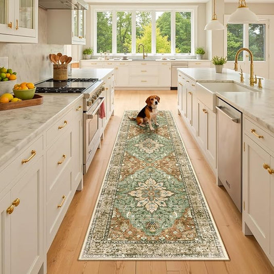 RELEANY Area Rugs 2'x8' Washable Non-Slip, Floral Vintage Distress Print Pattern Medallion Carpet for Living Room Bedroom Dining Room, Brick Red Rust Neutral Brown Burnt Orange Green