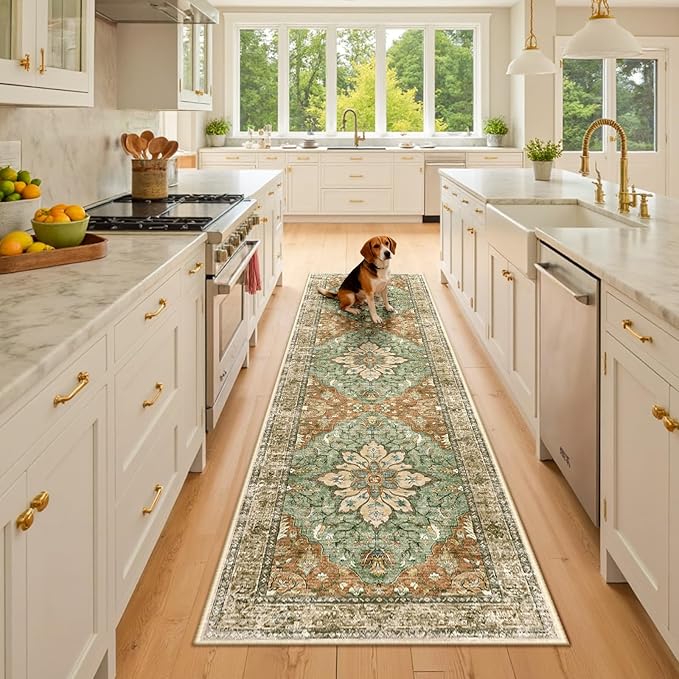 RELEANY Area Rugs 2'6''x8' Washable Non-Slip, Floral Vintage Distress Print Pattern Medallion Carpet for Living Room Bedroom Dining Room, Brick Red Rust Neutral Brown Burnt Orange Green