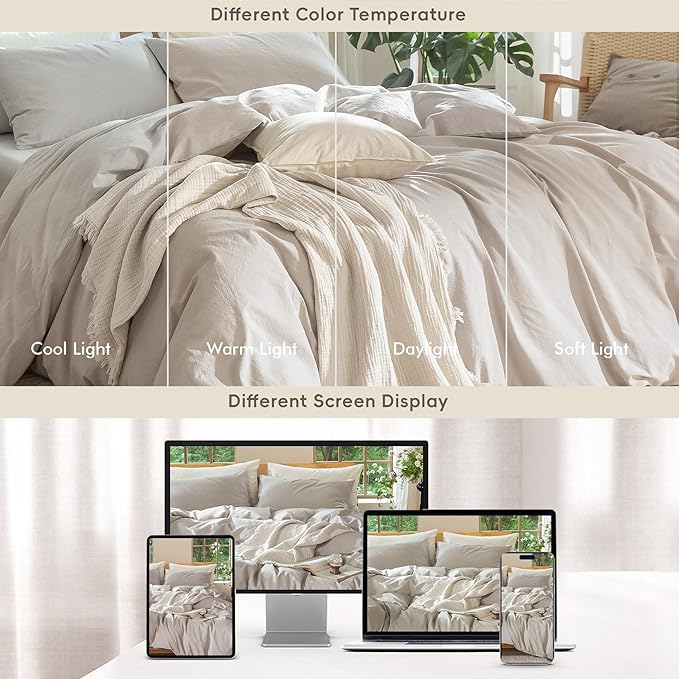 MooMee Bedding Duvet Cover Set 100% Washed Cotton Linen Like Textured Breathable Durable Soft Comfy (Heathered Cream Grey, Super Queen 90"x98")