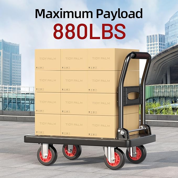 Upgraded Foldable Push Cart Dolly | 880 lbs. Capacity Moving Platform Hand Truck | Heavy Duty Space Saving Collapsible | 5‘’ TPR 360-Degree Silent Wheels | 2 Swivel Wheels and 2 Rigid Wheels