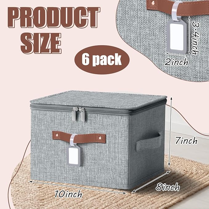 6 Pack Fabric Storage Bins with Lids and Label, 10×8×7Inch Foldable Cotton Linen Cute Storage Boxes with PU Leather Handles for Closet, Bedroom, Shelf, Nursery, Gray