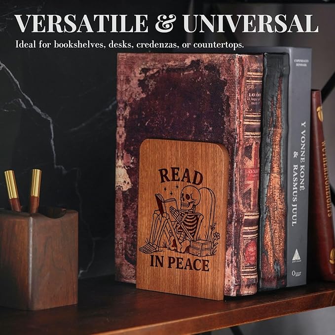 Book Lover Gifts for Women Men, Skull Bookends, Novelty Bookends Unique, Heavy Duty Wooden Book Ends for Shelves Decorative(1 Pair, 4.72x6.69 Inches) - RIP