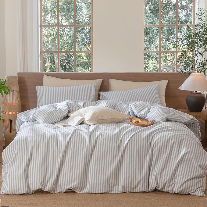 MooMee Striped Duvet Cover Set 100% Washed Cotton Linen Like Textured Breathable Durable Soft Comfy (Cornflower Blue White Classic Stripes, King 104"x90")