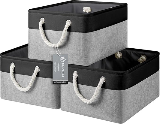 Large Storage Baskets- 15.7x11.8x8.26 inch Storage Bins for Shelves and Closet Organizing, Foldable Fabric Bin for Home Organization Clothes and Laundry (3-Pack, Black&Gray)