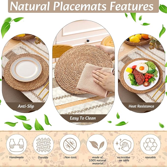 6 Sets Boho Placemats Round Woven Placemats, Cloth Napkins, Wood Bead Napkin Rings, Long Table Runner and Farmhouse Rustic Burlap Cotton for Kitchen Dining Table Home (Khaki C)
